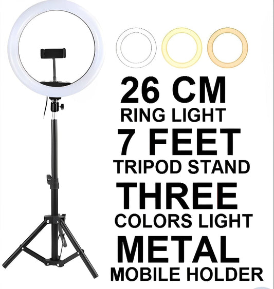 26CM LED Ring Light with Mobile Holder, 7ft Tripod Stand, 3 Light Colors, Dimmable USB Selfie Ring Light for Videography and Photography