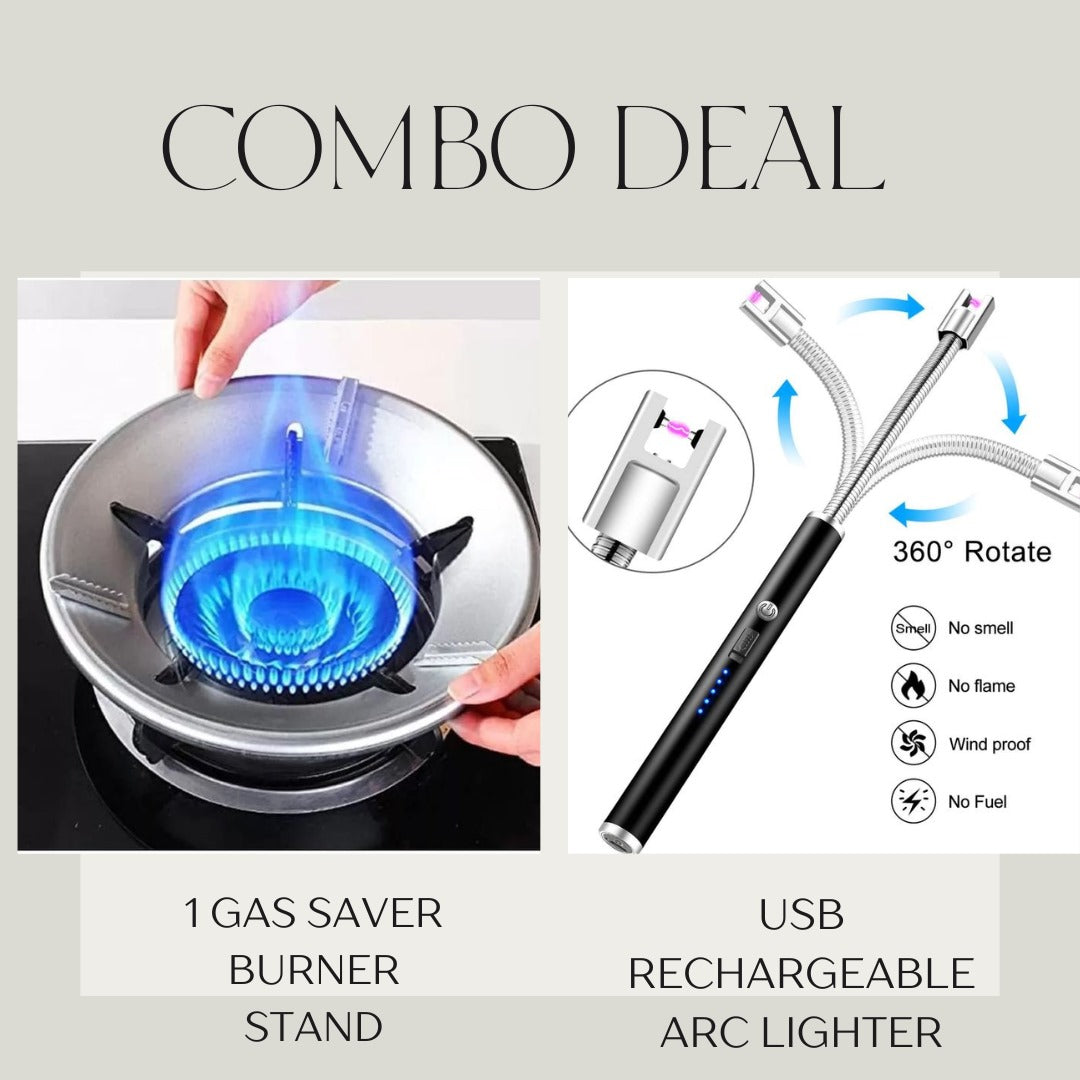 Combo Deal Of Gas Saver Burner Stand + USB Rechargeable Arc Lighter | Best Quality Lighter and Gas Saver Burner ( Random Color )